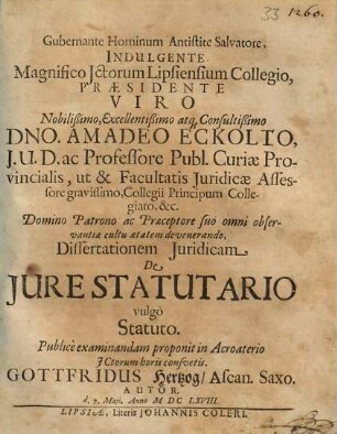 Dissertationem iuridicam de iure statutario, vulgo Statuto