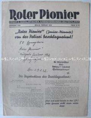 Kommunistische Jugendzeitung "Roter Pionier" mit der Mitteilung der Beschlagnahme der Januar-Nummer