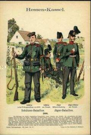 Uniformdarstellung, Gemeine des Schützen-Bataillons, Gemeiner und Offizier des Jäger-Bataillonsr, Kurfürstentum Hessen-Kassel, 1866.