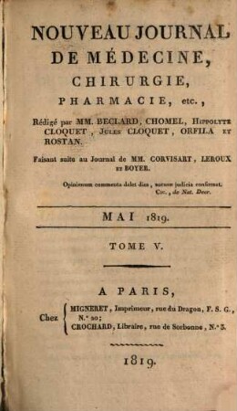 Nouveau journal de médecine, chirurgie, pharmacie. 5, 5. 1819