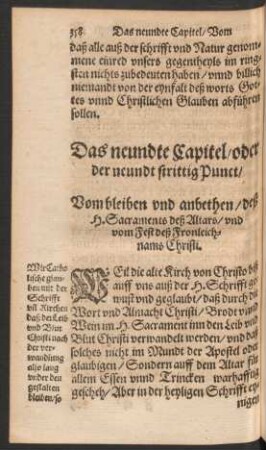 Das neundte Capitel ... Vom bleiben und anbethen/ deß H. Sacraments deß Altars/ und vom Fest deß Fronleichnams Christi.