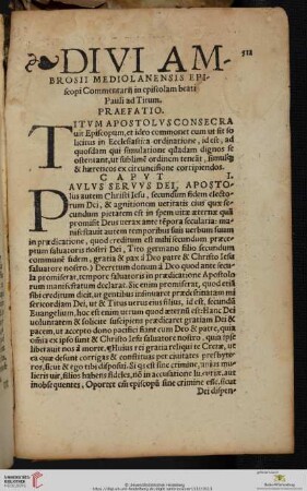 Divi Ambrosii Mediolanensis Episcopi Commentarij in epistolam beati Pauli ad Titum