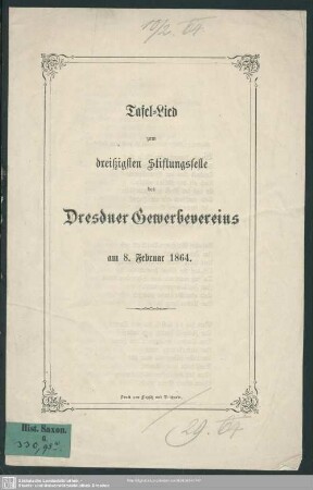 Tafel-Lied zum dreißigsten Stiftungsfeste des Dresdner Gewerbevereins : am 8. Februar 1864