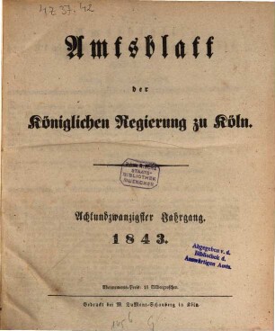 Amtsblatt für den Regierungsbezirk Köln. 1843