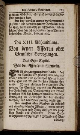 Die XIII. Abhandlung. Von denen Affecten oder Gemüths Bewegungen.