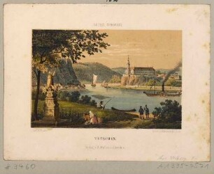 Tetschen an der Elbe in Böhmen (Děčín in Tschechien), Blick über die Elbe auf das Schloss, links eine Skulptur und der Felsen "Schäferwand"