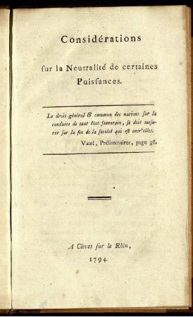 Considérations sur la Neutralité de certaines Puissances