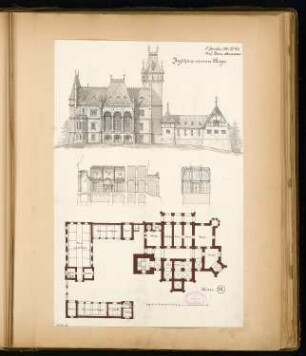 Jagdhaus Monatskonkurrenz Januar 1880: Grundriss Untergeschoss, Aufriss Rückansicht, Längsschnitt, Querschnitt; Maßstabsleiste