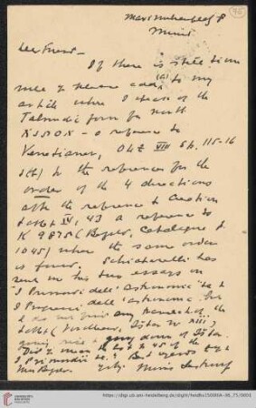 Briefe von Morris Jastrow an Carl Bezold: Karte von Morris Jastrow an Carl Bezold
