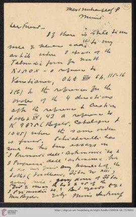 Briefe von Morris Jastrow an Carl Bezold: Karte von Morris Jastrow an Carl Bezold