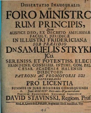 Diss. inaug. de foro ministrorum principi