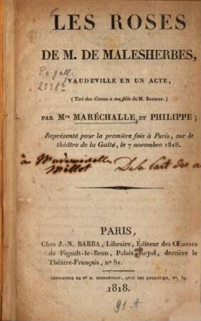 Les roses de M. de Malesherbes : vaudeville en un acte