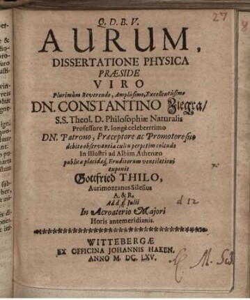 Aurum, Dissertatione Physica