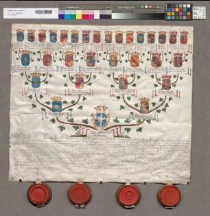 16er-Wappenahnentafel der Maria Gräfin zu Sternberg. Bestätigt durch Clemens Wenzeslaus Erzbischof zu Trier, Emanuel Landgraf zu Hessen Rheinfels, Franz Wilhelm Graf zu Oettingen, Sigismund Graf zu Salm-Reifferscheid. Mit den 4 Unterschriften. 4 Siegel (von 4) in Holzkapseln erhalten.