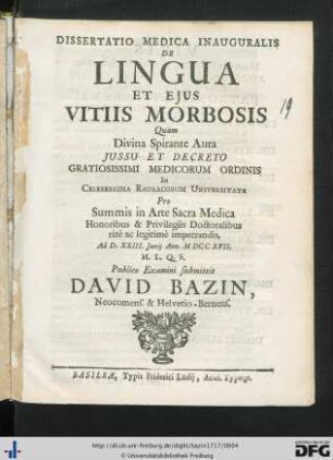 Dissertatio Medica Inauguralis De Lingua Et Ejus Vitiis Morbosis