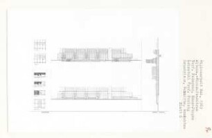 Einkaufszentrum, Hamburg-Altona (Diplomarbeit bei Peter Poelzig): Grundrisse Schlafgeschoss, Variante Schlafgeschoss, Ganggeschoss, Einzimmerwohnungen, Aufriss und Schnitte