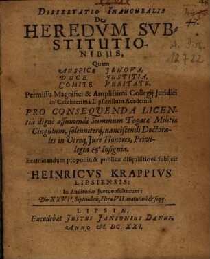 Dissertatio Inauguralis De Heredum Substitutionibus