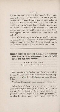 Relation entre les distances mutuelles: 1° de quatre points situés sur un mème cercle; 2° de cinq points situés sur une mème sphère.