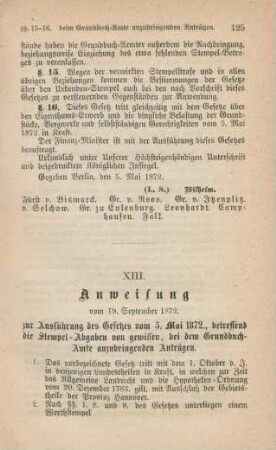 XIII. Anweisung vom 19. September 1872. zur Ausführung des Gesetzes vom 5. Mai 1872
