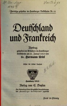 Deutschland und Frankreich : Vortrag am 21. Jan. 1915