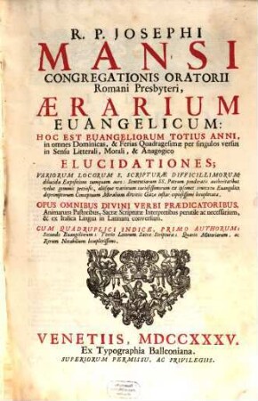 Josephi Mansi Aerarium Evangelicum