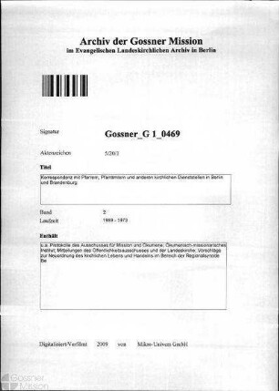 Korrespondenz mit Pfarrern, Pfarrämtern und anderen kirchlichen Dienststellen in Berlin und Brandenburg
