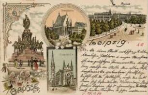 Grüsse aus Leipzig: Siegesdenkmal, Thomaskirche, Schillerstraße, Peterskirche