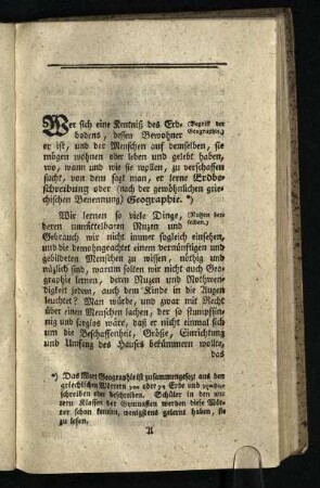 [Erster Abschnitt: Von Begrif der Geographie ueber- haupt und Nuzen derselben - Einwuerfe gegen die copernicanische Planeten-Ordnung und Beantwortung derselben]
