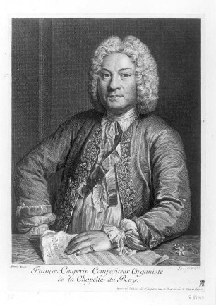 Porträt François Couperin. Kupferstich von Jean Charles Flipart nach André Bouys; bez. 1735. 30,8 x 21,9 cm (Blattgröße). Dresden: Kupferstich-Kabinett A 81197