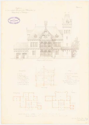 Jagdhaus, Falkenberg: Aufriss der Hauptfassade, Querschnitt, Grundriss Erdgeschoss, Grundriss 1.Obergeschoss, Maßstabsleiste, Erläuterungen