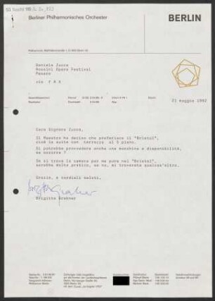 Brief an Daniela Zucca an Rossini Opera Festival (Pesaro), 21.05.1992