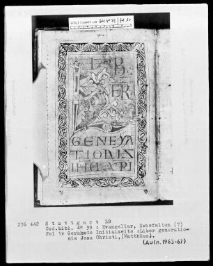Evangeliar aus Zwiefalten — Initialseite: Liber generationis Jesu Christi, (Matthäus), Folio 1verso