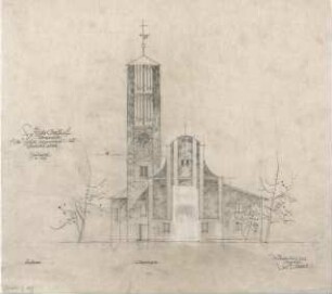 Gsaenger, Gustav; Oberstdorf / Allgäu (Bayern); Ev. Kirche - Turmprojekt zum Umbau, Erweiterungs- u. Pfarramtsneubau, Nordseite (Ansicht)