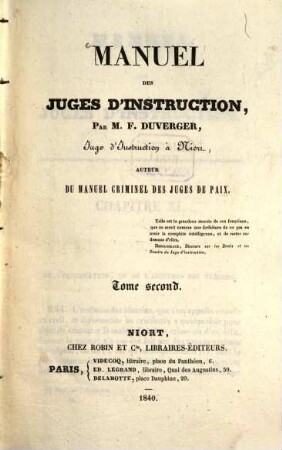 Manuel des juges d'instruction, 2. 1840