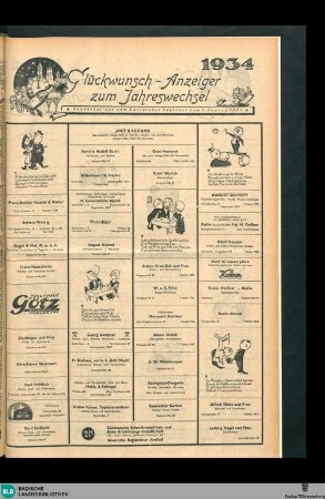 Karlsruher Tagblatt, Sonderbeilage. Glückwunsch-Anzeiger zum Jahreswechsel 1934