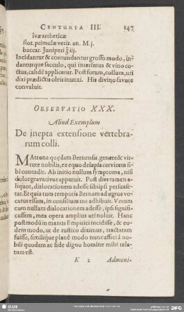 Observatio XXX. Aliud Exemplum De inepta extensione vertebrarum colli