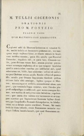M. Tullii Ciceronis Orationis Pro M. Fonteio Paginae Tres Quae Hactenus Non Legebantur