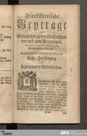 Sechzigstes Stück. Erste Fortsetzung des sogenannten Philosophen.