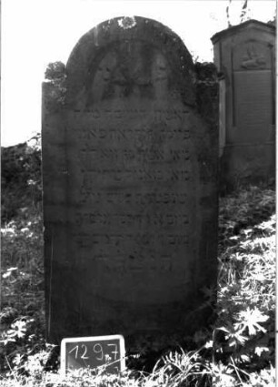 Grabstein 1297 (Index: 100104557) Material: Sandstein Zustand: angewittert Maße HxBxT: 149x69x9 cm Beschreibung: Stele mit eingezogenem Rundbogenabschluss, auf den Einzügen Kugelaufsätze, Schriftfeld eingetieft mit Konvexbogenabschluss, im Bogenfeld Blüte Symbolik: Blüte: Grabstein 1297