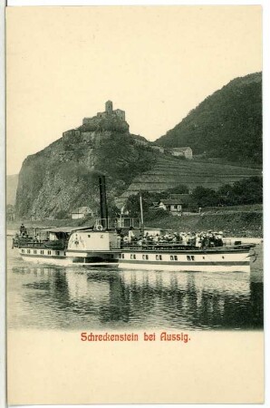 Aussig. Schreckenstein an der Elbe mit Personen-Seitenraddampfer "Graf Moltke"