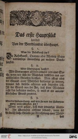 Das erste Hauptstück handelt von der Beredsamkeit überhaupt