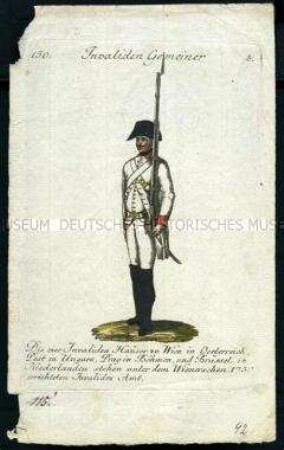 Uniformdarstellung, Gemeiner des Invaliden-Korps, Österreich, 1796. Tafel aus: Geschichte und bildliche Vorstellung der Regimenter des Erzhauses Österreich.
