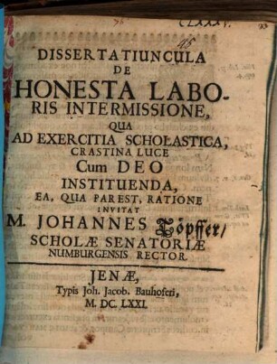 Dissertatiuncula de honesta laboris intermissione