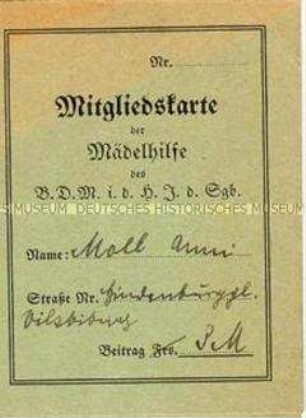 Mitgliedskarte der Mädelhilfe des Bundes Deutscher Mädel in der HJ von Anni Moll