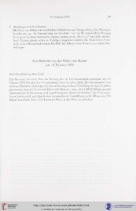 Geschäftssitzung der Math.-nat. Klasse am 19. Februar 2000