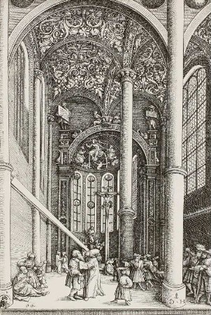 Kircheninterieur (Augsburger Dominikanerkirche) mit dem Gleichnis vom Splitter im auge des Bruders und dem Balken im eigenen Auge