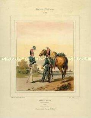 Uniformdarstellung, Offizier und Gemeiner des 2. Jäger-Regiments zu Pferde, Königreich Belgien, 1831/1850. Tafel Nr. 44 aus Galerie Militaire.