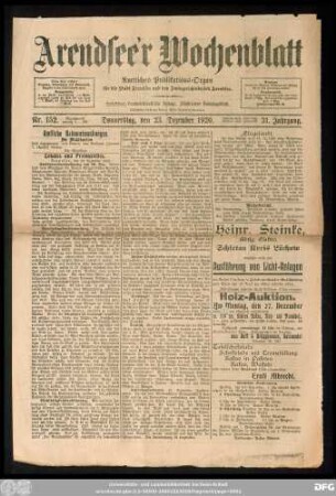 Arendsee'r Wochenblatt, Nr. 152. Donnerstag, den 23. Dezember 1920.