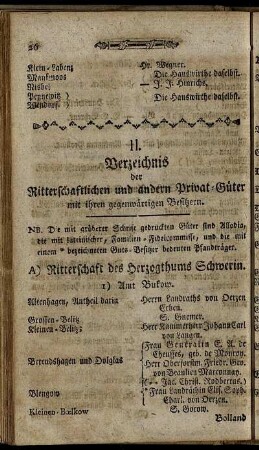 II. Verzeichnis der Ritterschaftlichen und andern Privat-Güter mit ihren gegenwärtigen Besitzern