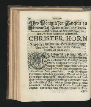 Ihro Königlichen Majestät zu Schweden Rath ... Christer Horn ... 15. Augusti 1685.